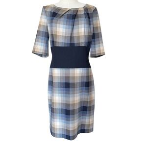 Chic Plaid Midi Dress in Blue and Tan